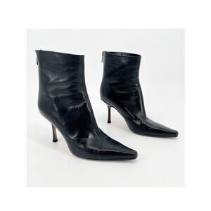 Vintage Jimmy Choo Black Leather Pointed Toe Stiletto Heel Ankle Boots IT 38